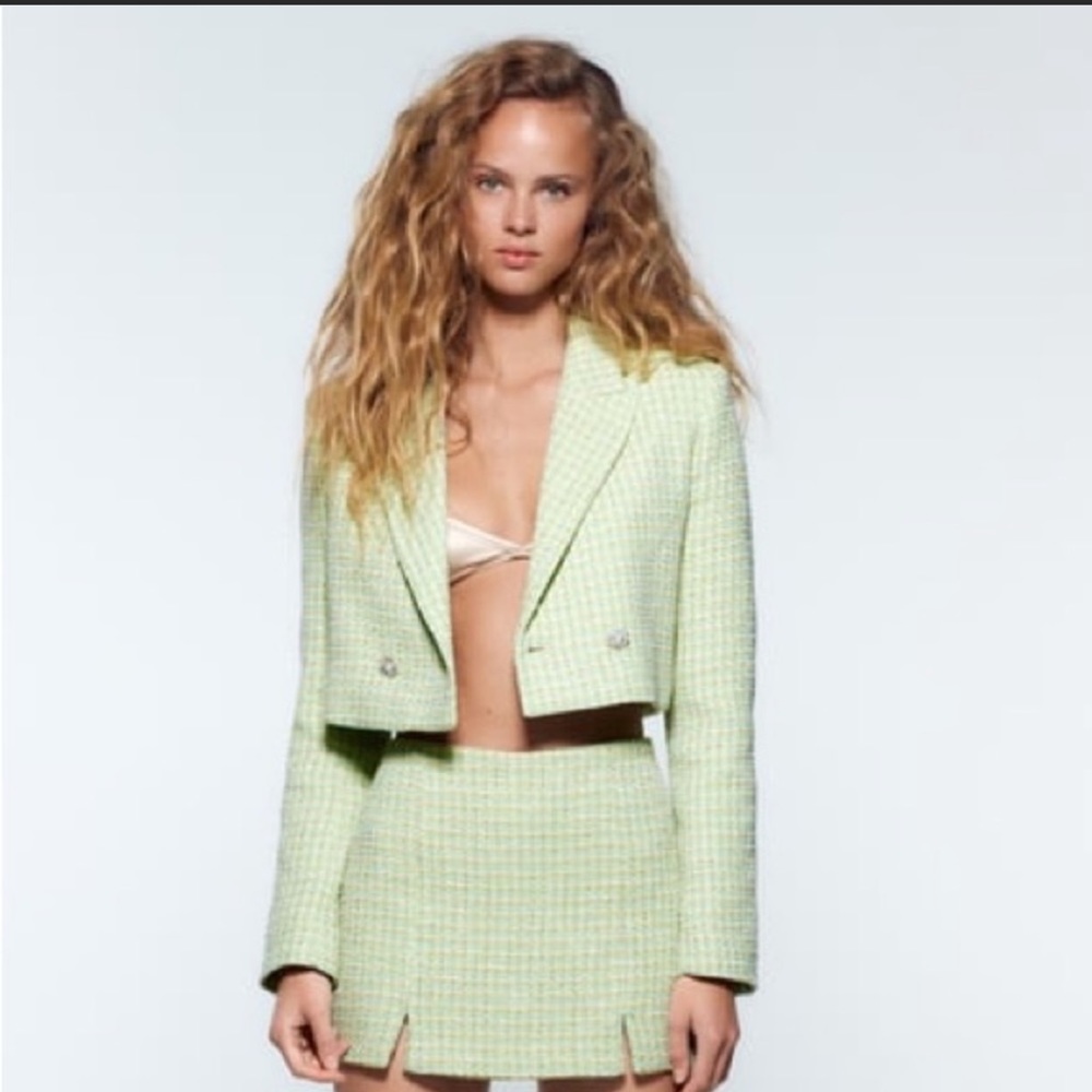 Zara Light Green Tweed Cropped Blazer